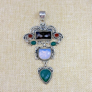 Vintage Faceted Moonstone Smokey Quartz 925 Sterling Silver Pendant Statement